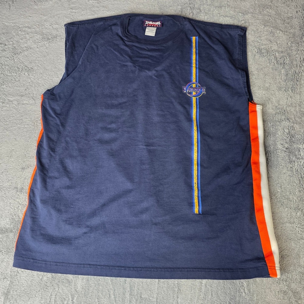 Spalding Mens 3X Muscle Tee Navy Blue Athletic Side Stripe Sleeveless Vintage